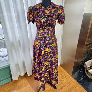Vintage 70s maxi dress, black pink orange floral, smocked bodice, belt, 0/2 (XS)